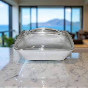 Vintage Westinghouse Loaf Pan Milk Glass Baking Refrigerator Dish Clear Lid 9”